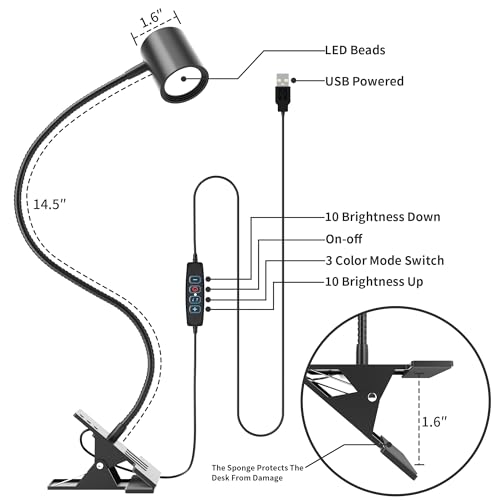 Desk Lamp USB Clip On Light,Book Lights for Reading at Night Clamp Light - color: Matte Black