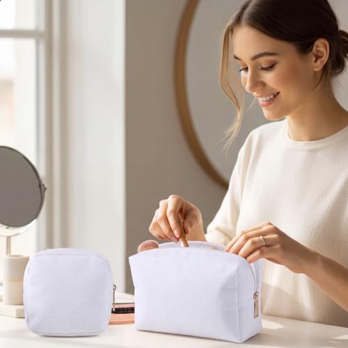 Sanwuta 4 Pcs Seersucker Pouch Striped Makeup Bag Set, White - color: White