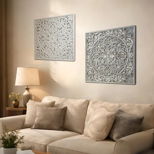 XIAOAIKA Boho Carved Wood Wall Art Panel, Floral Mandala, Distressed Silver - color: Distressed Silver