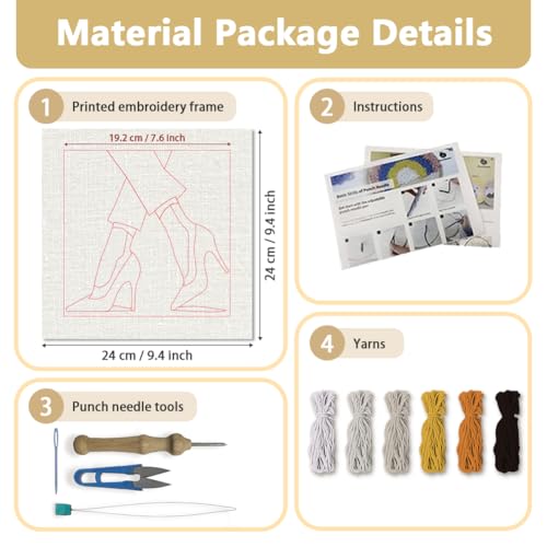 Doodlream High Heel Shoes Needle Kit for Beginner, 9.4"x 9.4" Retro Fashion Punch Stitching Craft Set, DIY Embroidery Starter with Printed Frame, Instruction, Threader, Yarn, Pinch Needle - color: High Heel Shoes