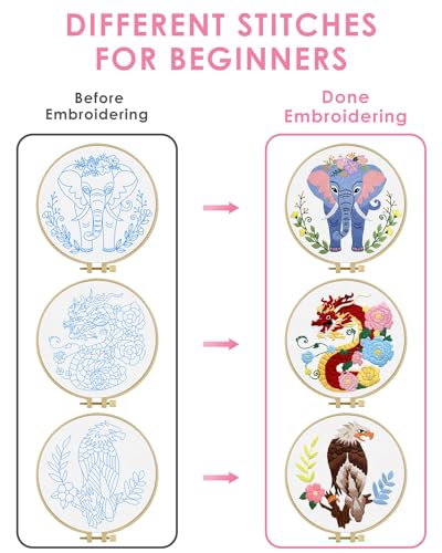 TINDTOP Embroidery Kit for Beginners Adult, Elephant Embroidery Kit for Beginners Include Embroidery Cloth Hoops Threads for Craft Lover Hand Stitch with Embroidery Skill Techniques - color: Elephant