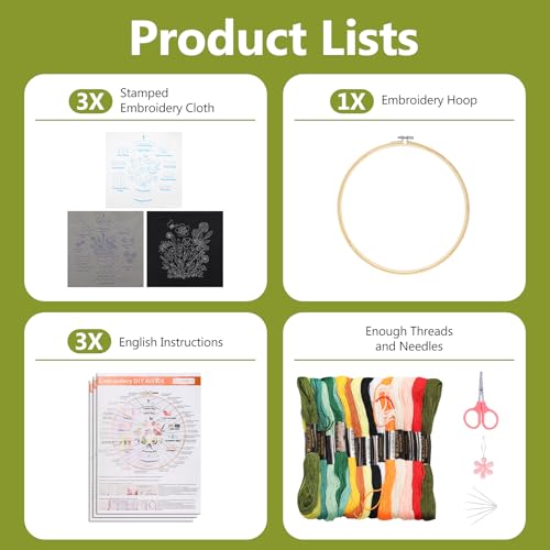 Santune 3 Pack Beginner Embroidery Kits for Adults DIY Starter Kit with 33 Stitch Techniques, Stamped Patterns, Embroidery Hoop, Colorful Threads,Stitch Video Tutorial - color: Practice Patterns