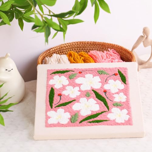 Allazone Punch Needle Embroidery Kit Frame - Square Fabric with Flower Pattern, Hoop, Yarns, Punch Needle (Pink and White) - color: Pink and White