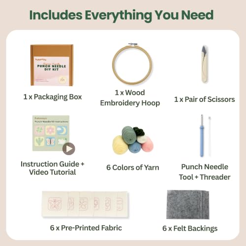 Kukovaya Punch Needle Kit for Beginners & Adults; Complete DIY Embroidery 6-Coaster Kit with Printed Fabric, Yarn, Needle, Hoop & Guide Easy Craft Kit for Home Decor, Gifts & Stress Relief