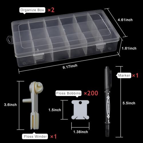 Embroidery Floss Organizer, 2 Removable 18 Compartments Cross Stitch Thread Storage Box with 200 Plastic Embroidery Floss Bobbins, 1 Floss Winder and 1 Marker - color: Transparent 2 Boxes
