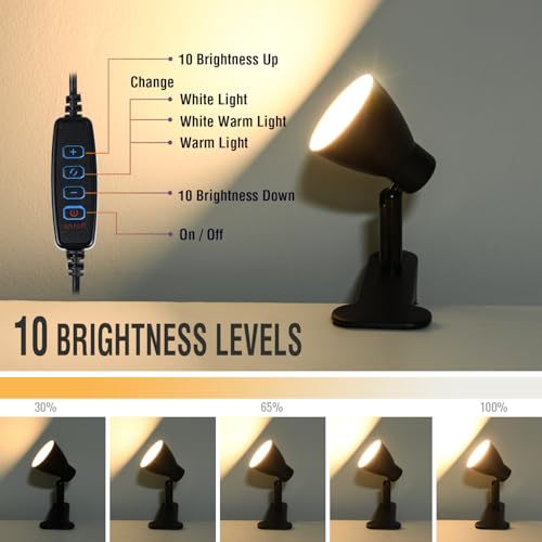 CRI 90+ Clip on Reading Lamp, Clip on Light for Bed headboard/Desk/Bunk/Table/Shelf, Bedside Reading Light with 3 Color Temperature Options, 10 Dimmable Brightness Levels (6W/2Packs) - size: 2 Packs Short Neck Clip