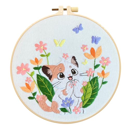 Meecaa Cat Flowers Animals Butterfly Embroidery Kit Starter Set, Hand Embroidery Set,Pattern Printed Cross Stitch Set for Beginner Adults, with Embroidery Hoop and Instructions (Flower 8) - color: Flower 8