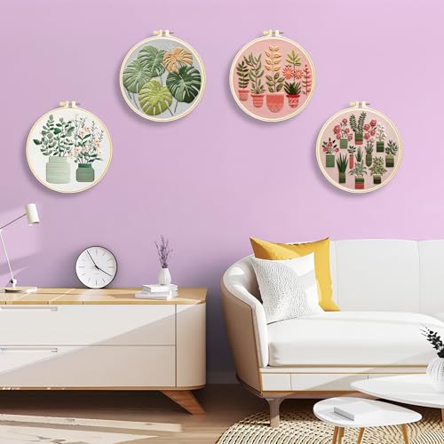 Huacan Embroidery Kit for Adults Beginners with 4 Hoops & Gift Box - color: Potted Plants 1