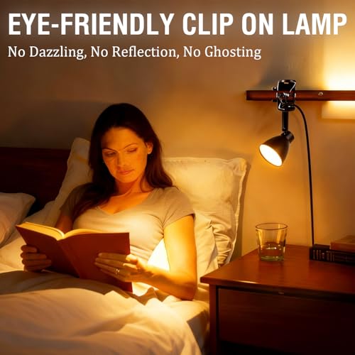 CRI90+ Clip Reading Light, Small Clamp on Bed Lamp for Bedside/Headboard/Desk/Bunk/Table/Shelf, 3 Color Temperature Options, 10 Dimmable Brightness Levels for Reading (6W/Adapter Included) - size: 1 Pack Short Neck Clip