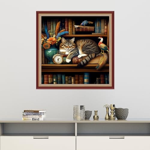 Dooxvey Cross Stitch Kits for Adults Beginners,Full Range of Cross-Stitch Stamped Kits Needlepoint Kits for Beginners Embroidery Kits 11CT Cross Stitch Patterns-Bookshelf Sleeping Cat 18x18 inch - color: Magicolor02