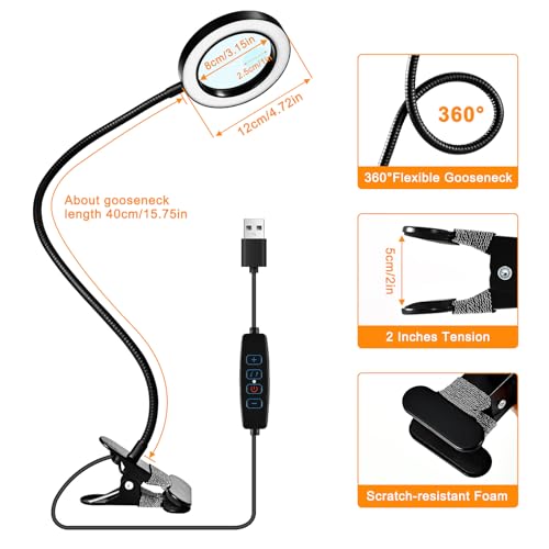 10X Magnifying Glass with Light and Timer, 2 in 1 Magnifying Desk Lamp, 3 Color Modes 10 Dimmable Brightness, Flexible Gooseneck Magnifier with Light for Craft Hobby Painting Sewing Close Work - size: 120MM