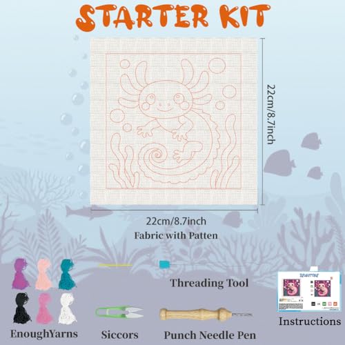 BEUNITONE Pink Axolotl Punch Needle Kit for Adults Beginners, Complete DIY Craft Needlepoint Kits with Hoop, Punch Needle Starter Craft Embroidery Set for Handmade Decor & Stitching Projects 9.4X9.4" - color: 02-Pink Salamander