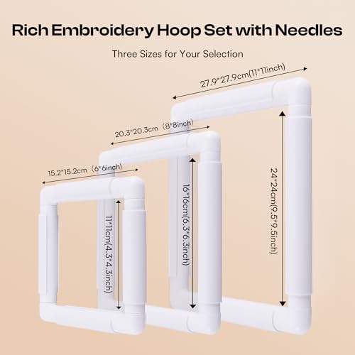 Caydo 3 PCS Square Embroidery Hoops, Plastic Cross Stitch Snap Frames with Sewing Needles for Quilting, Needlepoint & Silk-Painting 6 x 6, 8 x 8, 11 x 11 in(White)