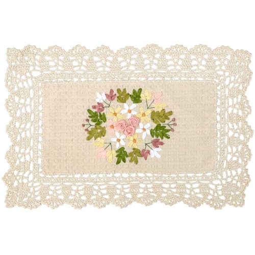 Grelucgo Handmade Crochet Cotton Lace Table Placemats, Ribbon Embroidery, Rectangular 12 by 18 Inches Doilies Set of 4 - size: 4 pieces 12 * 18 inch