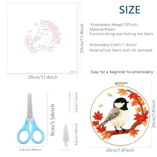 Zhenqing Black-Capped Chickadee Embroidery Kit for Beginners, Autumn Bird Needlework Craft with Pre-Printed Cotton Fabric, Hoop, Threads & Tools, Fall Decor (C0212) - color: Black-Capped Chickadee