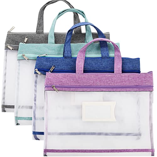 AVLA 4 Pack Student Book Pouches, A4 Mesh Zipper Bag with Handle, File Document Puzzle Bag with Name Card Pocket for Organizing Storage Board Games, School Office Appliances, Convenient to Carry