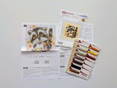 RIOLIS - Little Raccoon 1754, Cross Stitch Kits 5,12" x5,12, Cross Stitch Kits for Beginners & Advanced, Crossstitching Kits Adult, Counted Stitching Kits, Embroidery Kit - style: Little Raccoon 1754