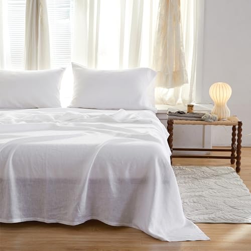 Simple&Opulence 100% French Linen Sheet Set Breathable Durable for Hot Sleepers Bedding 4 Pcs - 1 Flat Sheet,1 Fitted Sheet,2 Pillowcases with Hemstitch Lace Embroidery Design (White, King) - color: Hemstitch White, size: King