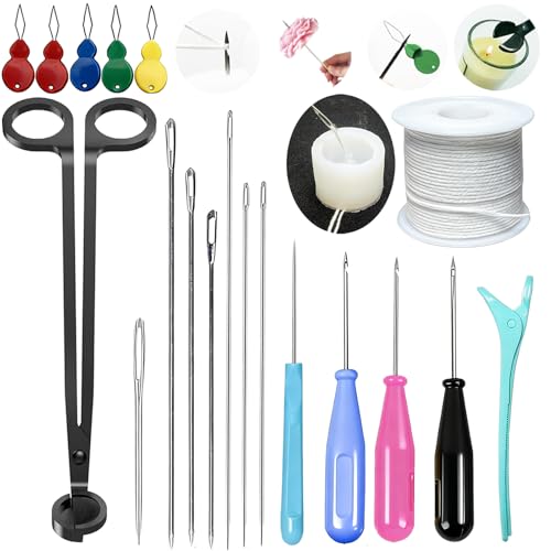 TYMKLMZG Candlewick Needle Kit with Candle Wick Trimmer 7",Mold Hook Punch Needle with Hook & Eye for Inserting Wick,Big Hole Long Needle,Candle Wick Roll 200 Ft 24 Wick Spool,Threader,Wick Holders - color: 19PCS