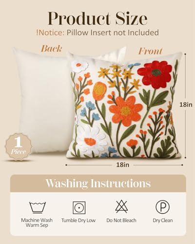 Embroidered Throw Pillow Cover 18x18 Inch, Flower Cluster - color: Flower Cluster, size: 18" x 18" (Pack of 1)