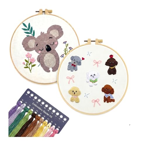QIZUOLIFE Animal Embroidery Starter Kit, Koala & Puppies, 2-Pack