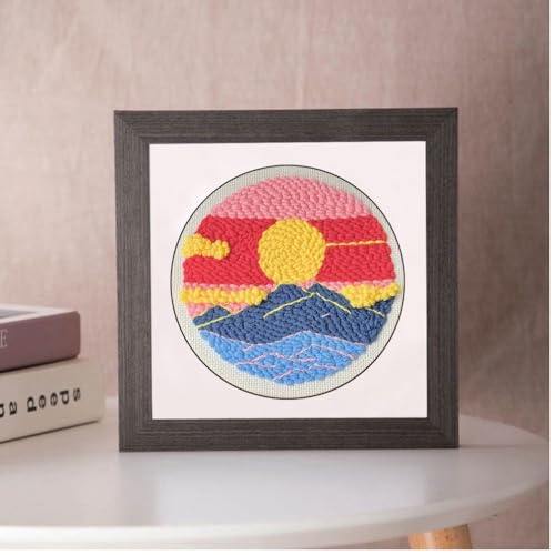 Esffaci Punch Needle Kit for Adults Beginner Starter Punch Embroidery Kit with Sunset Clouds Mountain Landscape Pattern DIY Punch Stitch Supplies with Stamped Fabric Yarn Hoop Tool Instruction - color: Sunset