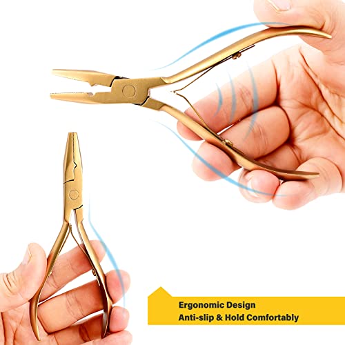 Gomake Hair Extensions Closed and Remover Pliers set, Micro Silicone Rings Beads Hair Extensions Loop Needle Threader Pulling Hook Tool and Bead Device Tool for Hair or Feather Extensions (Gold) - color: Gold