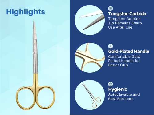 ARTMAN INSTRUMENTS Scissors - 5.5 Inches Straight, Gold Plated Handle with Tungsten Carbide Inserts - Extra Sharp, Durable, and Autoclavable for Precision Cutting