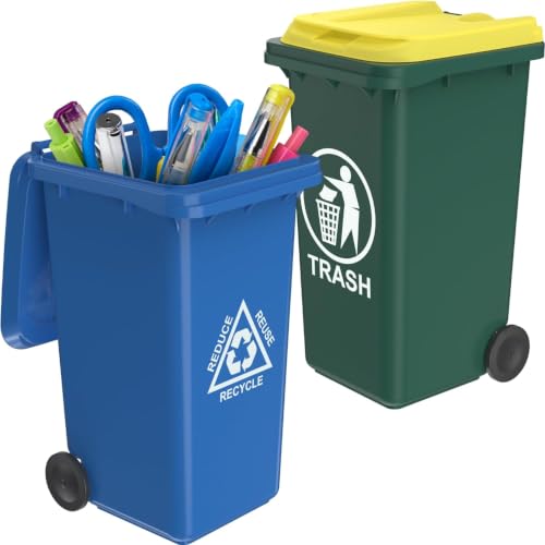 Wiosi Mini Garbage Trash Pen Holder for Desk | Tiny Recycle Bin Pencil Holder Green & Blue, Pack of 2 | Storage for Pencil & Pen | Office Stationery to Organize the Desk | Ideal for Student Work - color: Blue-Green, size: 5.5"