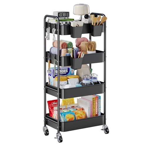 4 Tier Rolling Cart Metal with Wheels, Black Storage Carts,38in Tall - color: Matte Black, size: 4 Tier + Cups + Hooks