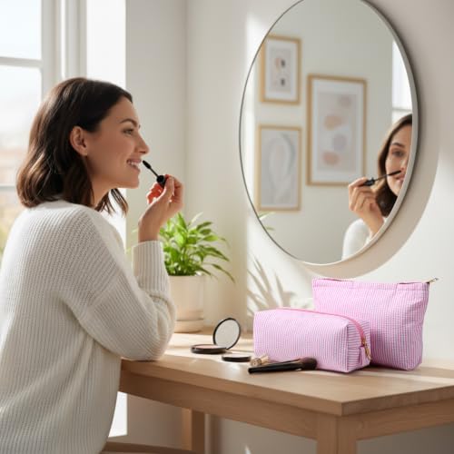 Sanwuta 4 Pcs Seersucker Pouch Striped Makeup Bag Set, Light Pink - color: Light Pink