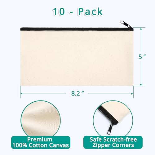 Phicorn Blank Canvas Zipper Pouches, 10-Pack, 8.2 x 5 in, Lined