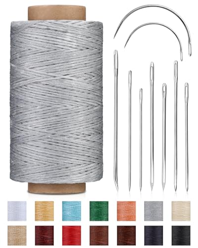 218 Yards Waxed Thread Waxed Leather Thread with Heavy Duty Sewing Needles - color: Light Gray