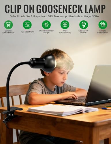 Clip On Gooseneck Lamp - 300W Max, Ceramic Fire-Resistant E26 Socket, Classic Durable Switch, Adjustable Flexible Clamp Light for Desk, Workbench, Bed Headboard, Table, Grow (Standard Clip Desk Light) - color: Standard Clip Desk Light
