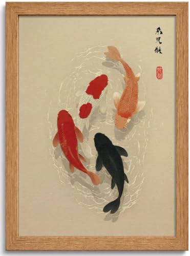 MBFBBD Japanese Koi Fish Framed Wall Art, Trendy Animal Aesthetic Print, Zen Vintage Koi Painting Picture Traditional Oriental Wall Decor for Living Room Meditation Room Bedroom 12x16in - color: Koi Fish, size: 16"L x 12"W
