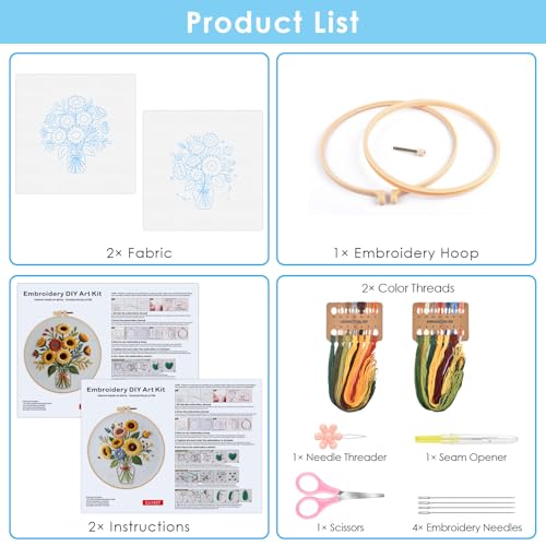 ERKOON Embroidery Kit for Beginners Adult, 2 Set Flower Cross Stitch Set Include Embroidery Cloth Hoops Threads for Craft Lover Hand Stitch with Embroidery Skill Techniques (Sunflower) - color: Sunflower