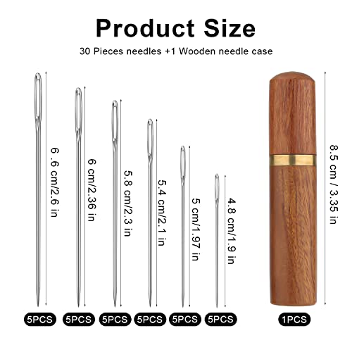 TOYMIS 30pcs Large Eye Sewing Needles, 6 Sizes Tapestry Embroidery Knitting Needles with Wooden Case, Stainless Steel, Brown