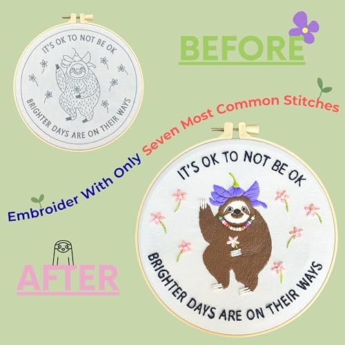 La glaneuse Embroidery Kit for Adult, Beginner Embroidery Kit with Cute and Funny Animal Pattern, Seven Simple Stitches to Get a Positive Sloth, Mental Health and Stress Relief Gift for Him/Her - color: Positive Sloth 03