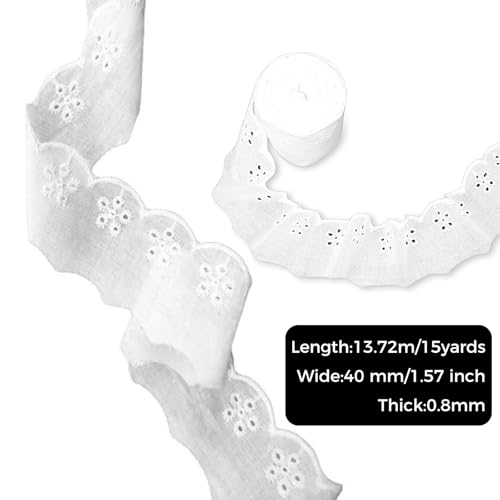 15 Yards Lace Trim White Cotton Lace Trim Eyelet Floral Ribbon Wavy Edge Embroidery Ruffle Trims for Sewing Dress Clothes Bag Dolls & Pets Clothes (1.57 Inches Wide)