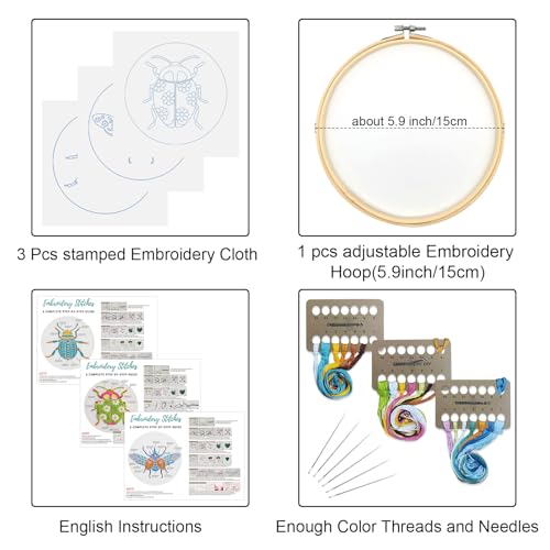 Louise Maelys Beetle Embroidery Kit for Beginners 3 Pack Nature DIY Set - color: beetle flower