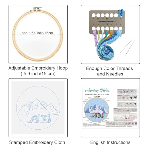 Louise Maelys Glacial Polar Bear and Flowers Embroidery Kit DIY Craft - color: glacier