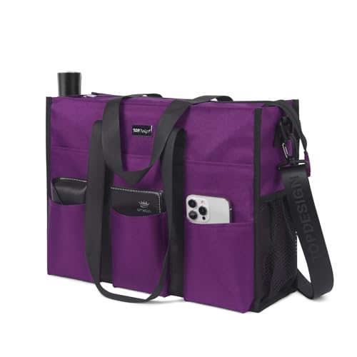 TOPDesign Utility Water Resistant Tote Bag with 22 Pockets, Zipper Closure - color: Purple, size: Large