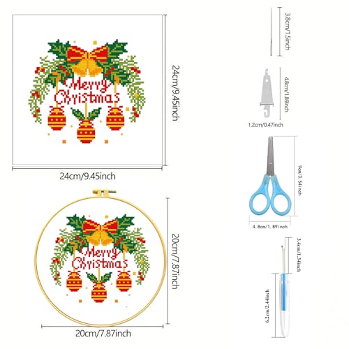 Zhenqing Christmas Bells Cross Stitch Kit with Hoop - 11CT Pre-Printed 24x24cm Fabric & Complete Tools for Beginners (68348) - style: Christmas Bells