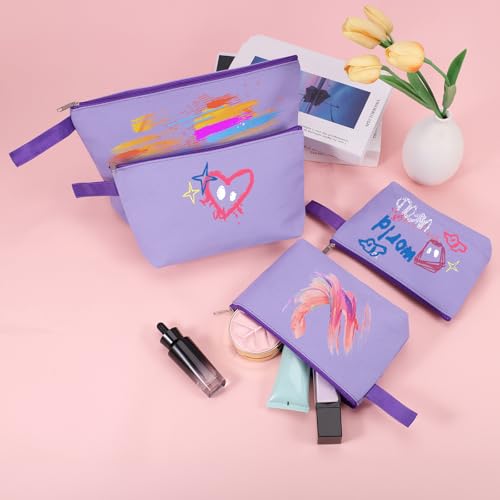 10 Pieces Cotton Canvas Makeup Bag with Bottom and Strap, Multi-Purpose Cosmetic Bag with Zipper Travel Toiletry Pouch, Blank DIY Craft Bag (Purple, M) - color: Purple, size: M