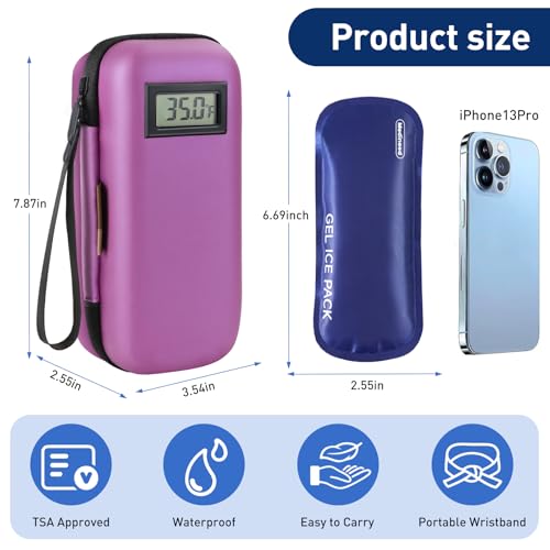 Medineed Temperature Display Insulin Travel Case, 2PCS Ice Packs, Purple - color: Purple