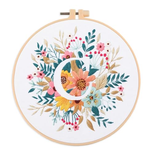 IUHUI Embroidery Kit for Beginners Adults - 26 Floral Letters Easy Patterns, DIY Hand Stitching Embroidery Set with Hoop (Flower and Grass Letter C) - color: Flower and Grass Letter C