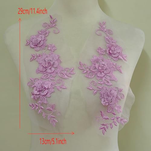 2 Pair 29 * 13cm Red/Pink/Purple/Sky Blue Wedding Dress Lace Shirt Accessories Embroidery Lace Garment Design DIY Accessories (Pink) - color: Pink