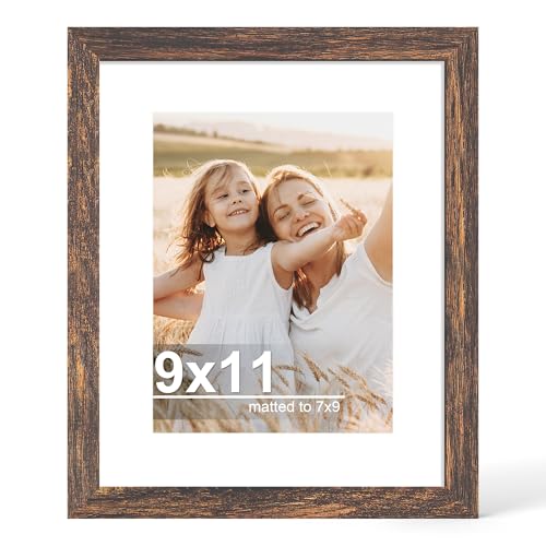 Hongkee 9x11 Picture Frame with Real Glass Wood Frame, 1 Pack(with Mat 7x9) - color: Rustic Brown, size: 9X11 in
