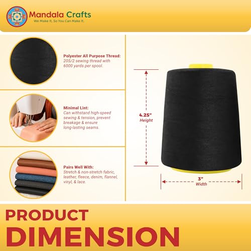 Mandala Crafts 20S/2 Black Polyester 4 Pack of Serger Threads Cones - color: Black, size: Pack of 4 20S/2 24000 YDs
