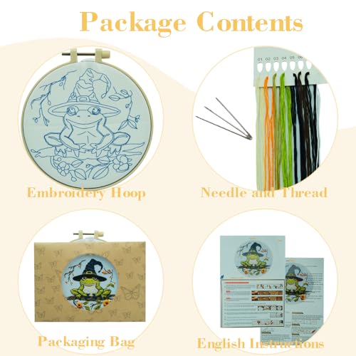 Floral Witch Hat Embroidery Kit Halloween Cross Stitch Material Set with Bat Skull Flower Pumpkin Patterns, DIY Hand Needlepoint Embroidery Craft Kit for Beginners Professional (Witchy Frog) - color: Witchy Frog